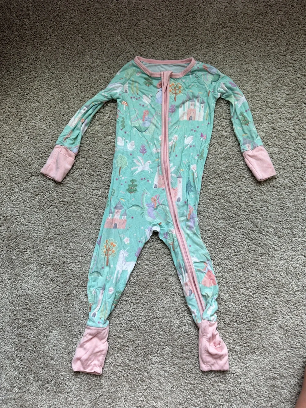 Little Sleepies Mint Unicorn & Castle Footie with Pink Accents